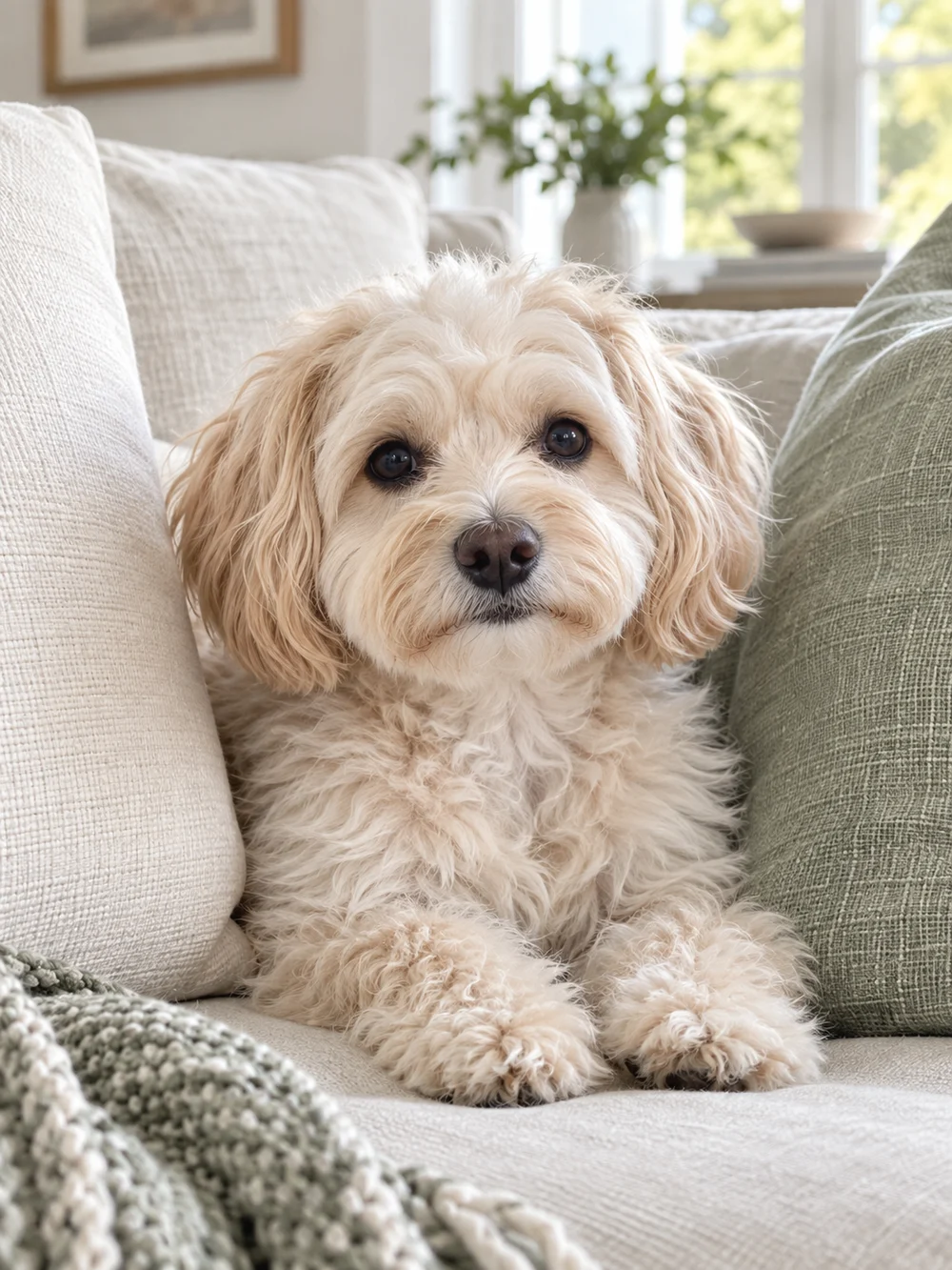Cachorro acomodado entre almofadas no sofá de casa